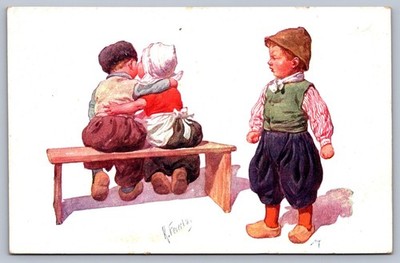 Postcard Dutch Children Cuddling & Jealous Boy Artist Signed K. Feiertag