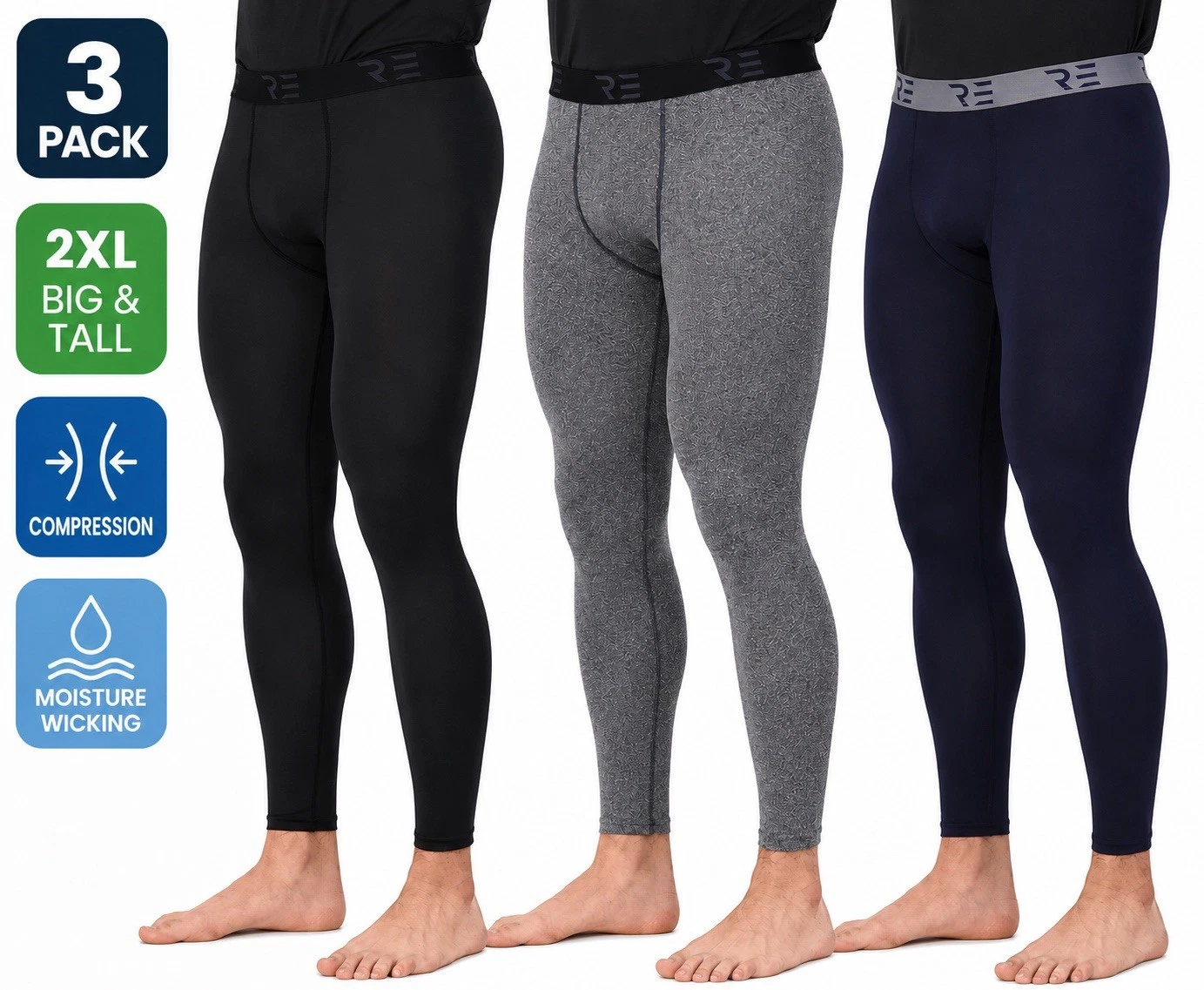 Real Essentials Mens 2XL Compression Pants 3 Pack Black Gray Blue