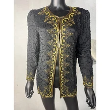 Sun Shine NY Black Gold Beaded Sequin Silk Jacket Blazer Size XL Vintage