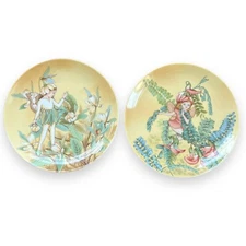 Pair Vintage Crowne Porcelain Fairy Pixie Flowers Plates ARTMARK Whimsical Wall