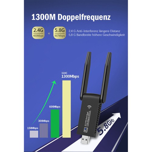 WLAN ADAPTER USB 3.0 STICK 1300MBPS WIFI DUAL BAND 5GHZ ANTENNE PC BLUETOOTH DE - Afbeelding 3 van 25