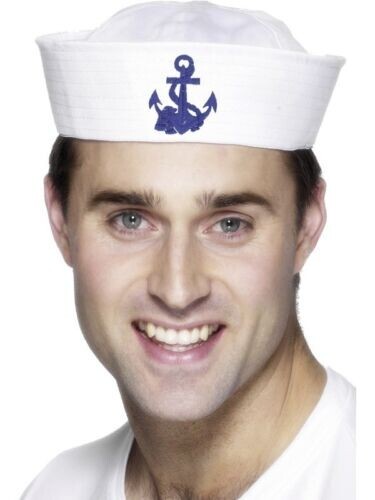 Blue Anchor White Sailor GOB Hat Navy Mens-By Smifys On Sale - Picture 1 of 4