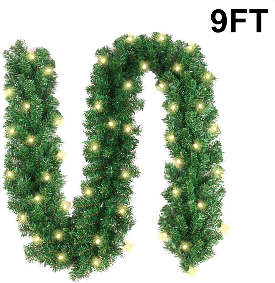 9FT Christmas Garland with LED Lights Door Wreath Xmas Tree Pine Fireplace Decor