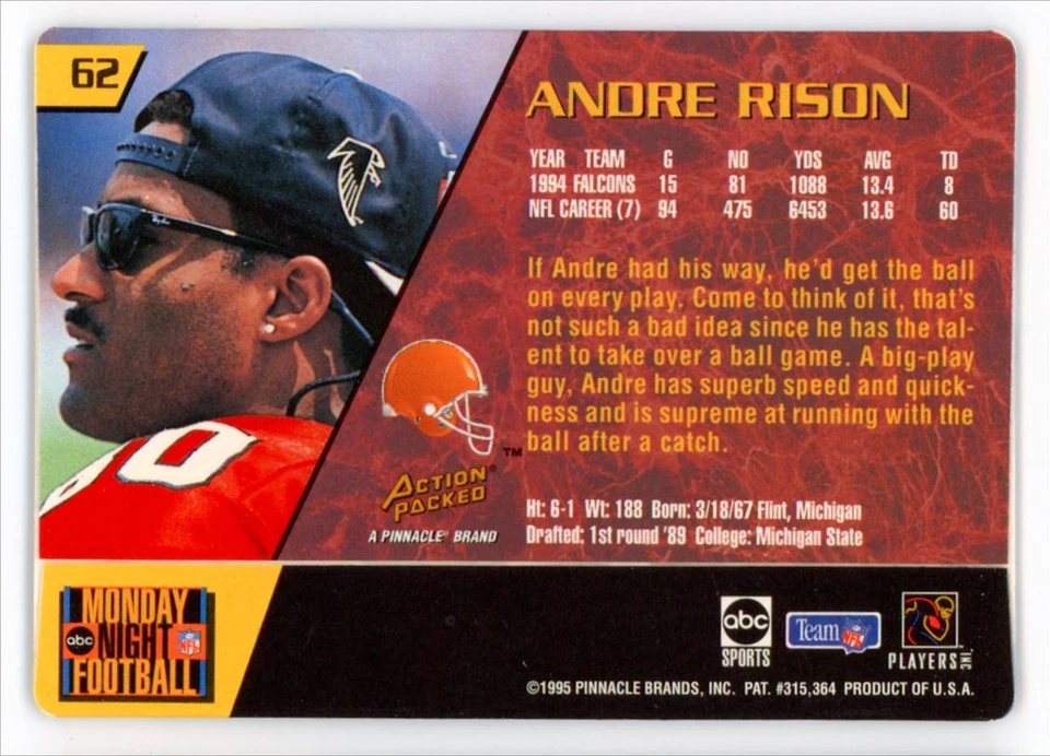 1995 Action Packed Monday Night Football Andre Rison Cleveland Browns #62 - Image 2 of 2