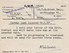 GREAT WESTERN RAILWAY Henley-in-Arden 1947 Mr Lamb Injured 3 Weeks Memo Rf 45156
