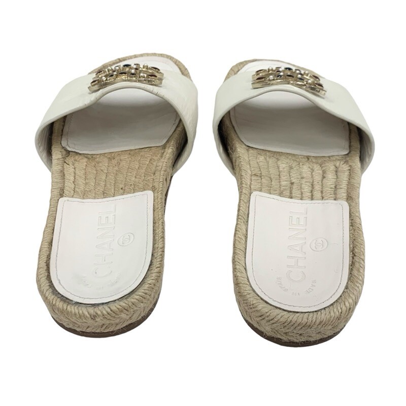 CHANEL Sandals Shoes Leather White Gold Coco Mark