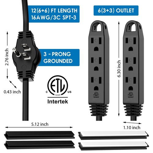 3 Prong 12 Feet Twin Extension Cord Power Strip, 6 Feet on Each Side, 6 Outlets - Picture 6 of 6