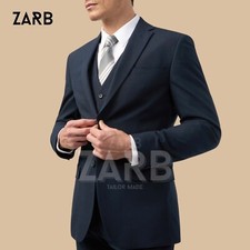 Men's Navy Blue 3-Piece Suit - Slim Fit Jacket, Vest Pants, Bespoke Tailoring