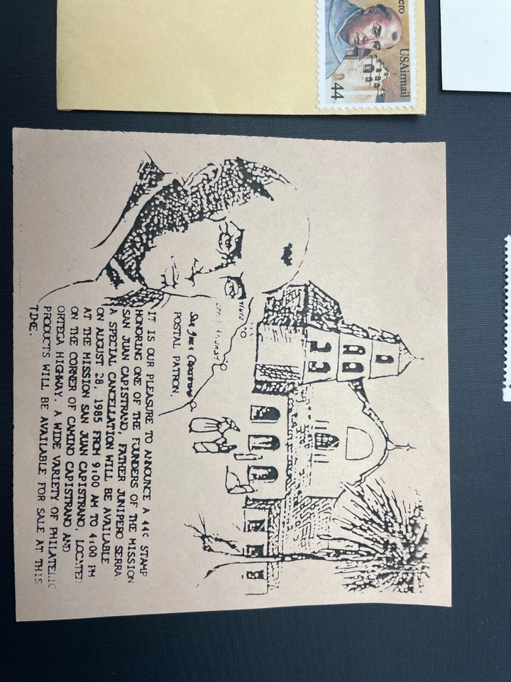 1985 44c US Stamp Junipero Serra Lot First Day Postcard Envelope Capistrano MNH - Image 4 of 4