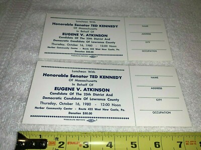 Senator TED KENNEDY 2 LUNCHEON TICKETS OCTOBER 1980 Democratic EUGENE ATKINSON