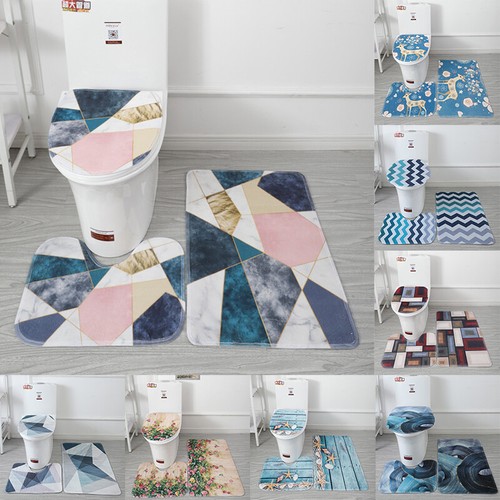 3 Piece Printed Bathroom Rug Set, Bath Mat, Contour Rug, Toilet Lid Cover Soft  - Picture 5 of 35