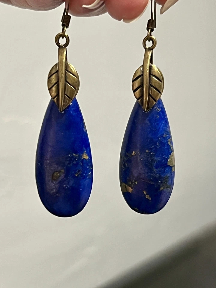 Preciosos Pendientes Colgantes Lágrima de Jaspe Imperial Azul con Bisel de Hoja de Bronce Foto 2 de 4