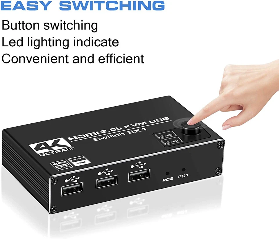 HDMI KVM Switch, 4K@60Hz USB Switch 2x1 HDMI2.0 Ports + 3X USB KVM Ports, Share  - Image 4 of 4