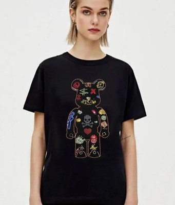 New Women Diamond Bear Rhinestones Fashion Black White T-Shirt High Quality