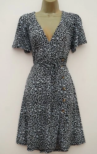 OASIS BLUE BLACK ANIMAL PRINT FIX WRAP TEA DRESS SIZE M 12 STRETCH TIE WAIST