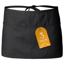 3 Pack - Black Server Waist Aprons with 3 Pockets - Black Waist Apron