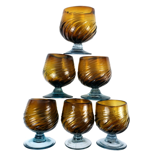 MCM Handmade Art Glass Goblets Amber Swirl Blue Base Mexico Vintage (Set of 6)