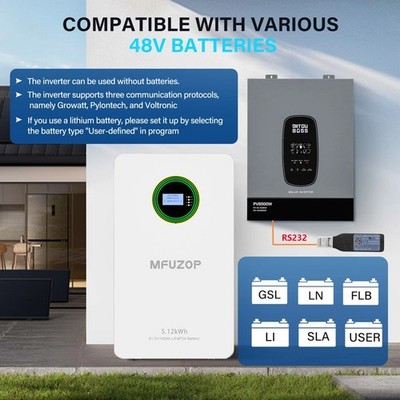 5.12kWh 48V 100Ah LiFePO4 Hausspeicher Batterie+6,2kW Hybrid Wechselrichter+WiFi