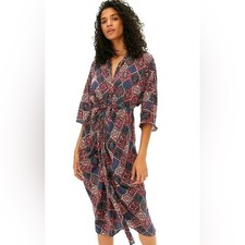 Anthropologie Miska Midi Dress Tie Waist 3/4 Sleeve Plum purple print small S