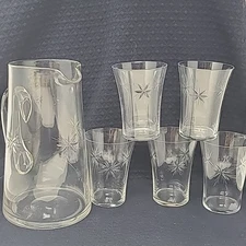 Vintage CG Quartex Glass Pitcher Star Dust & 6 Old Fashioned Glasses MCM Atomic