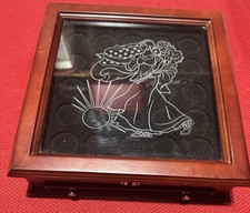 Wood Coin Display Box Case w/ Glass Lid, Engraved Lady Design, 25 Slots