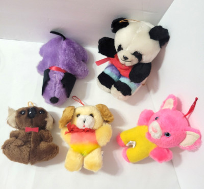 Vtg Small Plush Lot 5 Animals 4-6'' Dan Brechner Cat Dog Sap Rainbow Panda + More