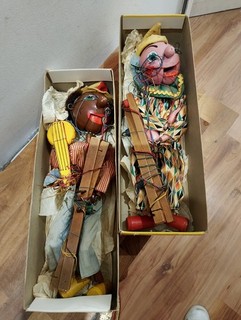 TWO PELHAM PUPPETS MINSTREL WITH BANJO AND HARLEQUIN CLOWN