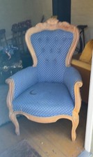Blue Upholstered 100% Cotton Armchair w/ Arms, Waxed Wood Frame 65cm