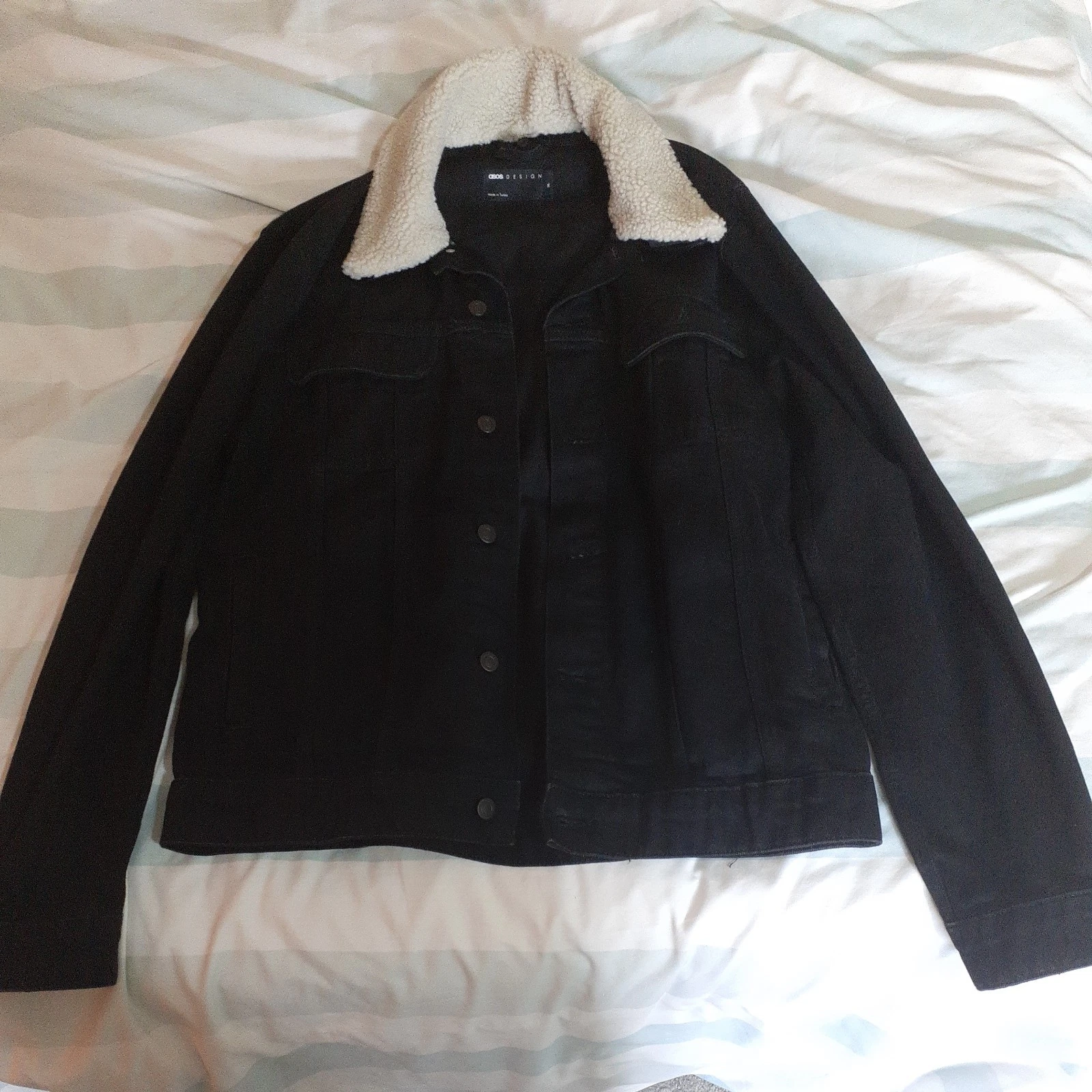 ASOS DESIGN denim jacket with detachable borg collar in black Size UK, Men's XL