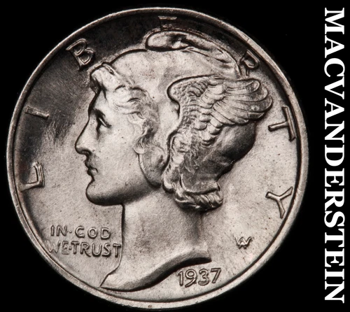 1937 Silver Mercury Dime - FSB - Choice Gem Brilliant Unc++++  Lustrous  #G8967