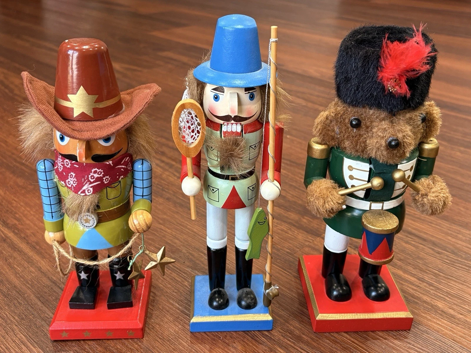 (3) Wooden 10 Inch Nutcracker Figures Cowboy Fisherman And Teddy Bear