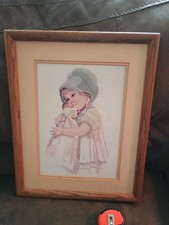Girl Doll Needlepoint Framed Completed  Printed Embroidery Cross Stitch 19.5x16
