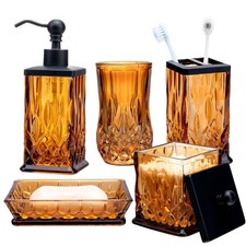 Bathroom Accessories Set,5 Pcs Amber Glass Bathroom Accessory Set,Complete Lotio
