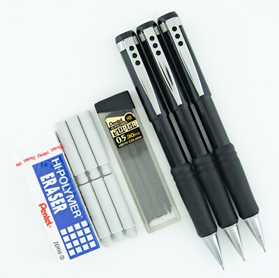 Pentel Twist-Erase Mechanical Automatic Pencils 0.5mm Erasers & Leads Lot Black