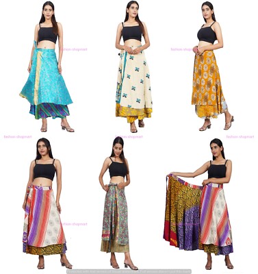 Indian Silk Sari Magic Wrap Skirts Reversible Wrap Skirt Beach Wear 5 PC Lot