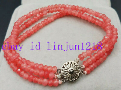 3Row 2x4mm Natural Pink Rhodochrosite Faceted Beads Gemstone Bracelet 7.5''