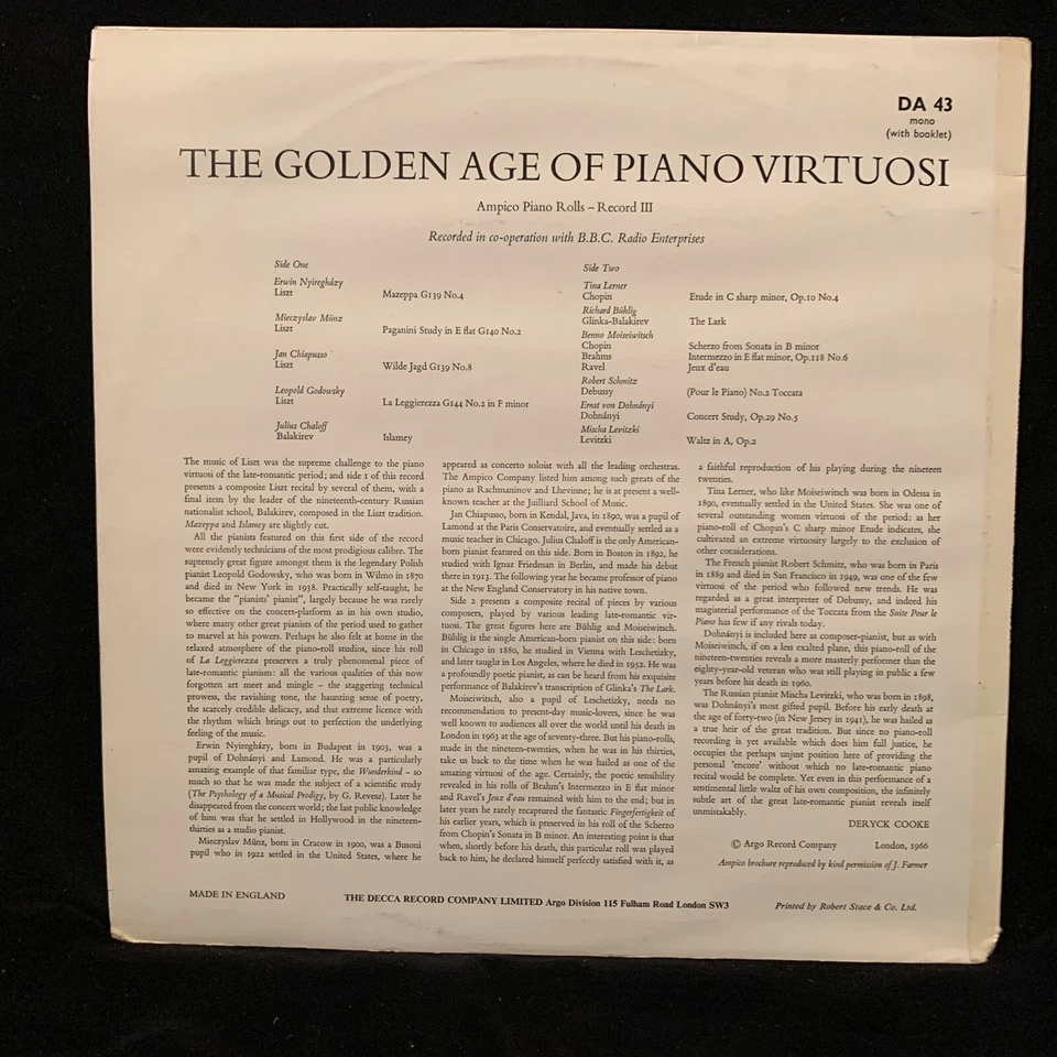 Golden Age of Piano Virtuosi Record III - Ampico Rolls - ARGO DA-43 LP OVAL 1966 - Image 2 of 4