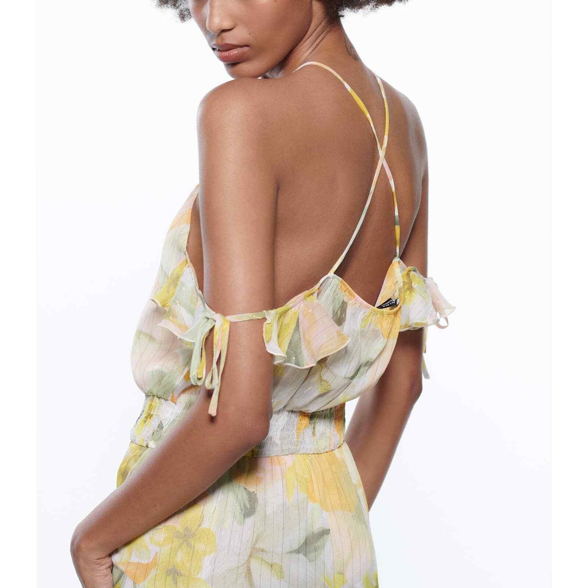 yellow print dress Yellow Lemon Print Waist Cut Out Frill Hem Midi Dress