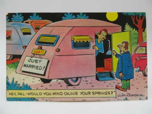 Vintage Postcard - Cartoon Humor - Just Married Couple in RV - Rogerson