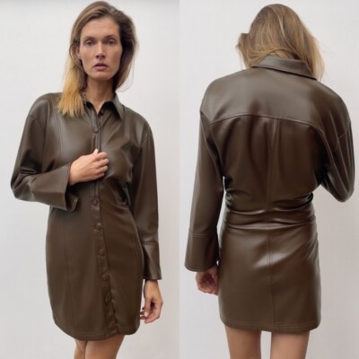 ZARA NEW FAUX LEATHER SHIRT DRESS CHOCOLATE BROWN L LARGE | eBay