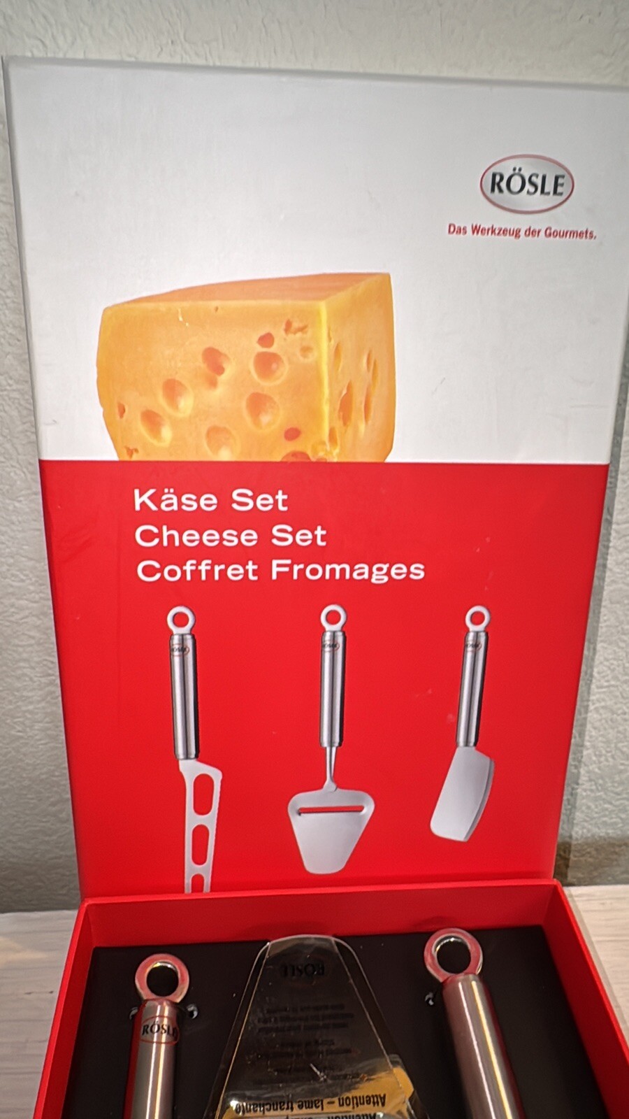 Rösle Cheese Knives: Kase Set 3-Cheese Cleaver, Scalloped Cheese Knife & Slicer