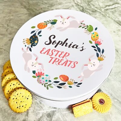 Ostereier Hasen Blumenmuster rund personalisiertes Geschenk Keks Süßigkeiten Leckerbissendose