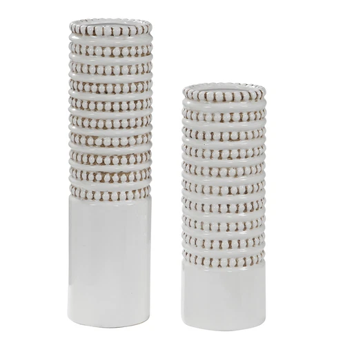 MidCentury Modern Beaded Aged White Vase Set 2 Taupe Ribbed Retro Tall Cylinder - Picture 1 of 3