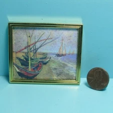 Dollhouse Miniature Canvas Picture Van Gogh Sail Boats on Shore  in Frame G7192A