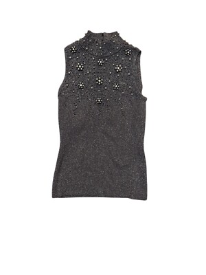 Cache Ribbed Tank Top Gray Beaded Women s Size S