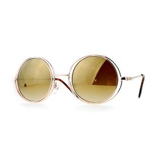 Womens Sunglasses Double Rim Round Circle Gold Metal Frame Mirror Lens