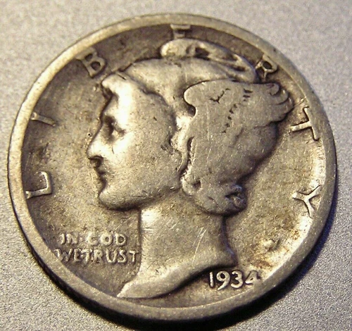1934 P Mercury Dime circulated 90% Silver  Good to Very Good VG