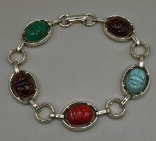 Women’s Bracelet Multicolor Faux Egyptian Scarab Polished Gold Tone Metal 7.25”