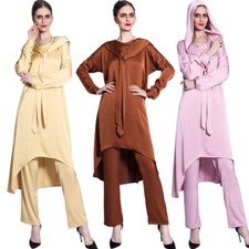 Muslim Women Hooded Blouse Tops Pants Set Dubai Abaya Islamic Robe Clothing Arab