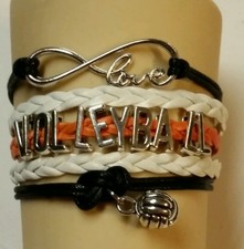 VOLLEYBALL-ORANGE/WHITE/BLACK LEATHER CHARM BRACELET ADJUSTABLE-SPORTS #146